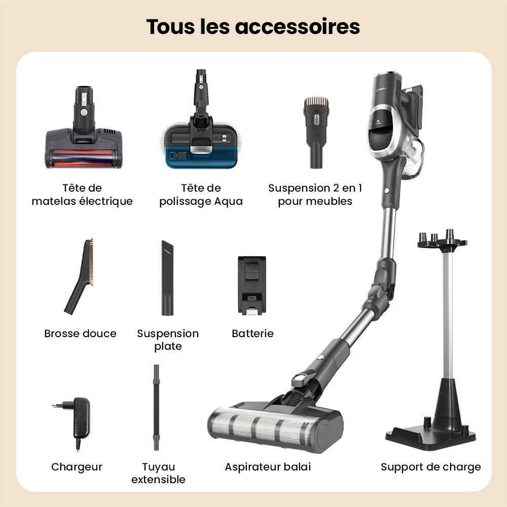JIMMY JV9 Pro Aqua Aspirateur sans fil, 160AW puissance d&rsquo;aspiration, autonomie 45min, filtre HEPA, r&eacute;servoir &agrave; poussi&egrave;re 0,6L, r&eacute;servoir d&rsquo;eau 500ml, &eacute;cran LED, gris