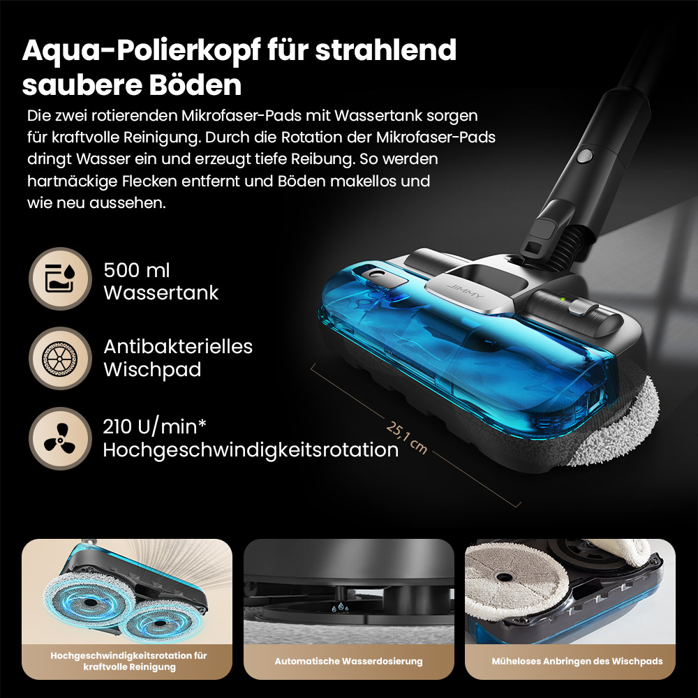 JIMMY JV9 Pro Aqua Staubsauger, kabellos, 160AW starke Saugleistung, 45min Laufzeit, HEPA-Filter, 0,6L Staubbeh&auml;lter, 500ml Wassertank, LED-Display, grau