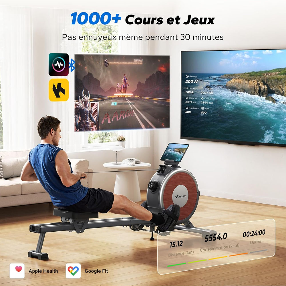 MERACH Q1S Rameur Magn&eacute;tique, 16 Niveaux R&eacute;sistance, 160kg Capacit&eacute;, Double Rail, LCD, Compatible App, R&eacute;glage Manuel, Noir