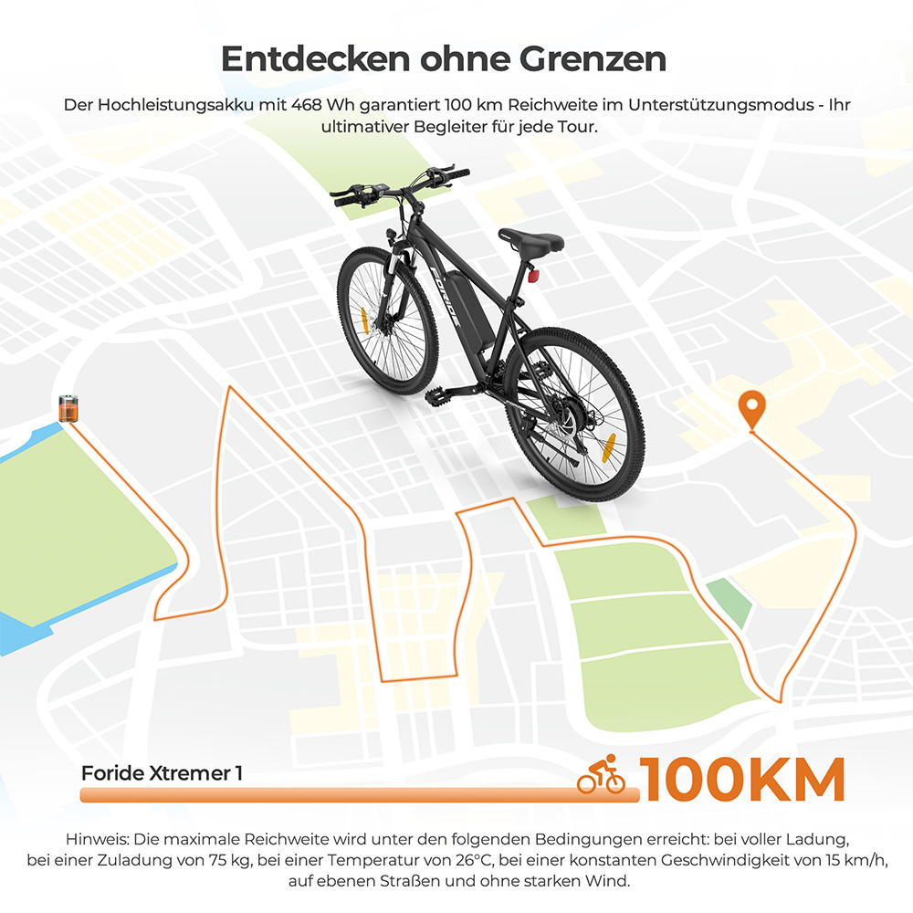 Foride Xtremer 1 V&eacute;lo &eacute;lectrique, moteur 250 W, batterie 36 V 13 Ah, pneus 27,5 pouces, vitesse maximale 25 km/h, autonomie maximale 100 km, freins &agrave; disque et freins &agrave; main, suspension avec blocage, transmission Shimano 21 vitesses