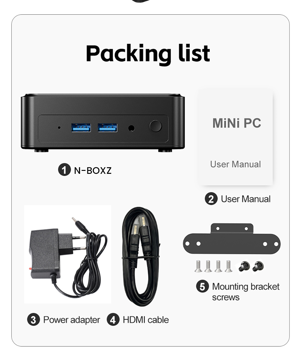 AOOSTAR N-BOXZ Mini PC, Intel N150 4 Core Max 3.6GHz, 8GB RAM 512GB SSD, 2*HDMI + Type-C Triple Display, 2.4G/5G WiFi Bluetooth 4.2, USB3.2*2, USB2.0*2, RJ45*1, Headset*1, TF Card Slot*1 - EU Plug