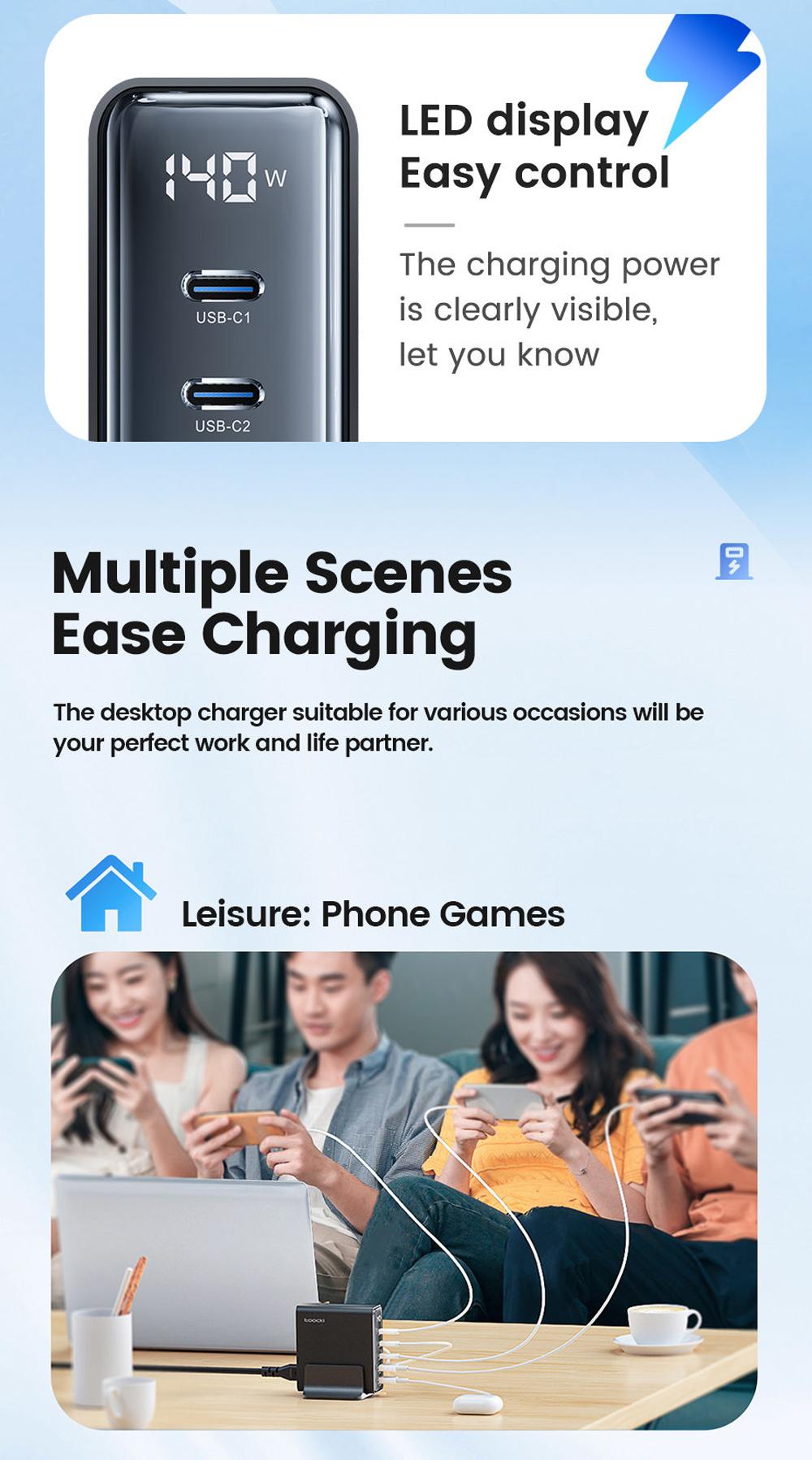 Toocki 140W GaN USB Charger, 5-in-1 Fast Charge, LED Display, for iPhone, Xiaomi Smartphone, Laptop, Black