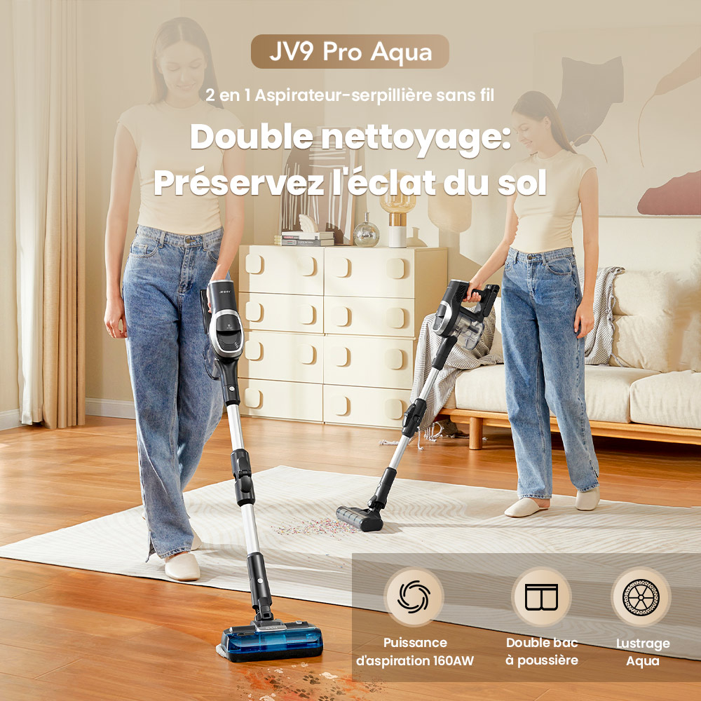 JIMMY JV9 Pro Aqua Aspirateur sans fil, 160AW puissance d&rsquo;aspiration, autonomie 45min, filtre HEPA, r&eacute;servoir &agrave; poussi&egrave;re 0,6L, r&eacute;servoir d&rsquo;eau 500ml, &eacute;cran LED, gris