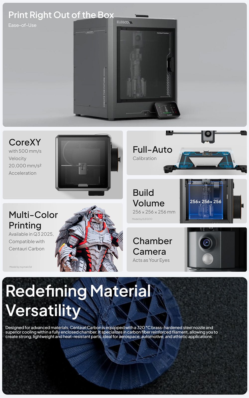 Elegoo Centauri Carbon 3D Printer, CoreXY 500mm/s High-Speed, 320°C Nozzle, Carbon Fiber/PLA/ABS Compatible, Auto-Leveling, 256*256*256mm