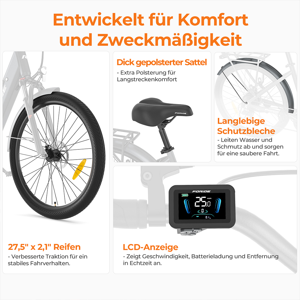 Foride Roamer 1 Step-Thru-Elektrofahrrad, 250-W-Motor, 36-V-13-Ah-Akku, 27,5-Zoll-Reifen, 25 km/h H&ouml;chstgeschwindigkeit, 100 km maximale Reichweite, Scheibenbremse, Federung mit Sperre, Shimano 7-Gang-Schaltung &ndash; Gr&uuml;n