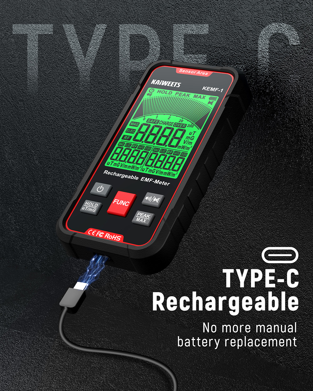 KAIWEETS KEMF-1 EMF-Strahlungsdetektor, EF/MF/RF-Daten, LED-Anzeige, Typ-C-Ladeanschluss