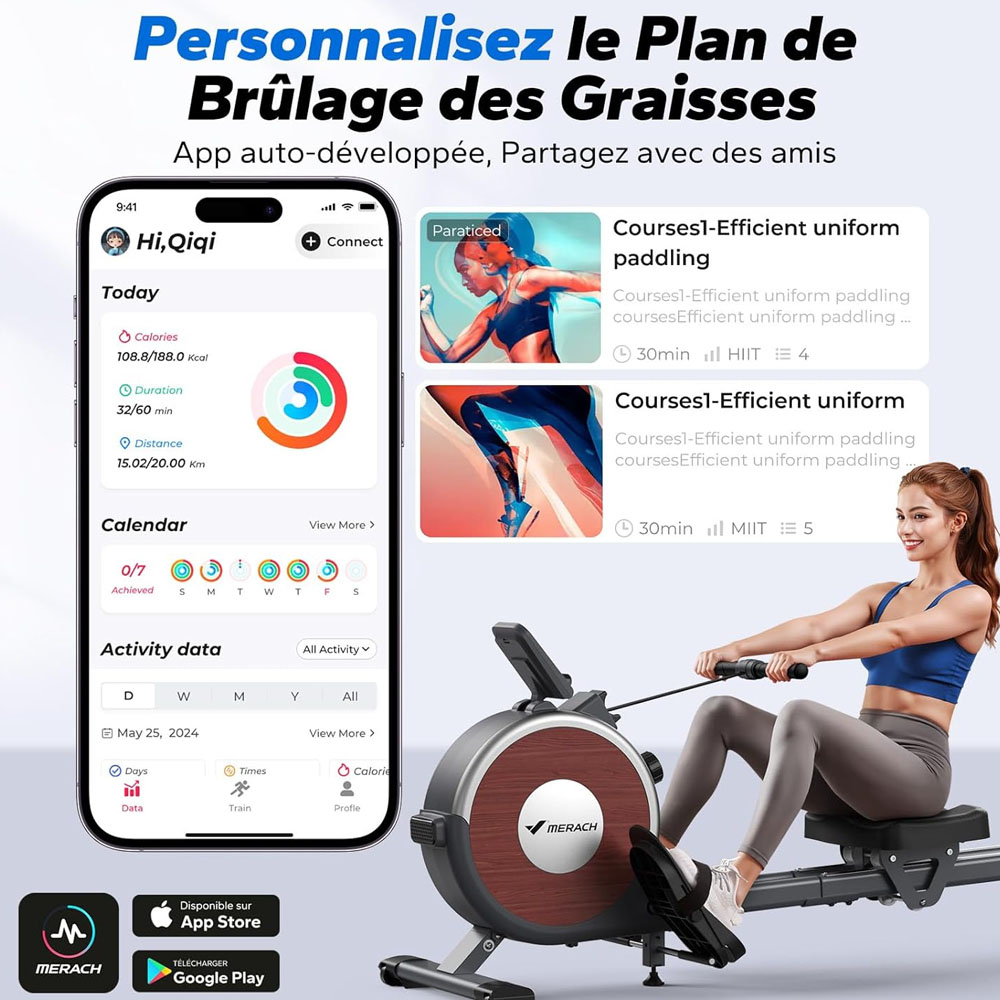 MERACH Q1S Rameur Magn&eacute;tique, 16 Niveaux R&eacute;sistance, 160kg Capacit&eacute;, Double Rail, LCD, Compatible App, R&eacute;glage Manuel, Noir
