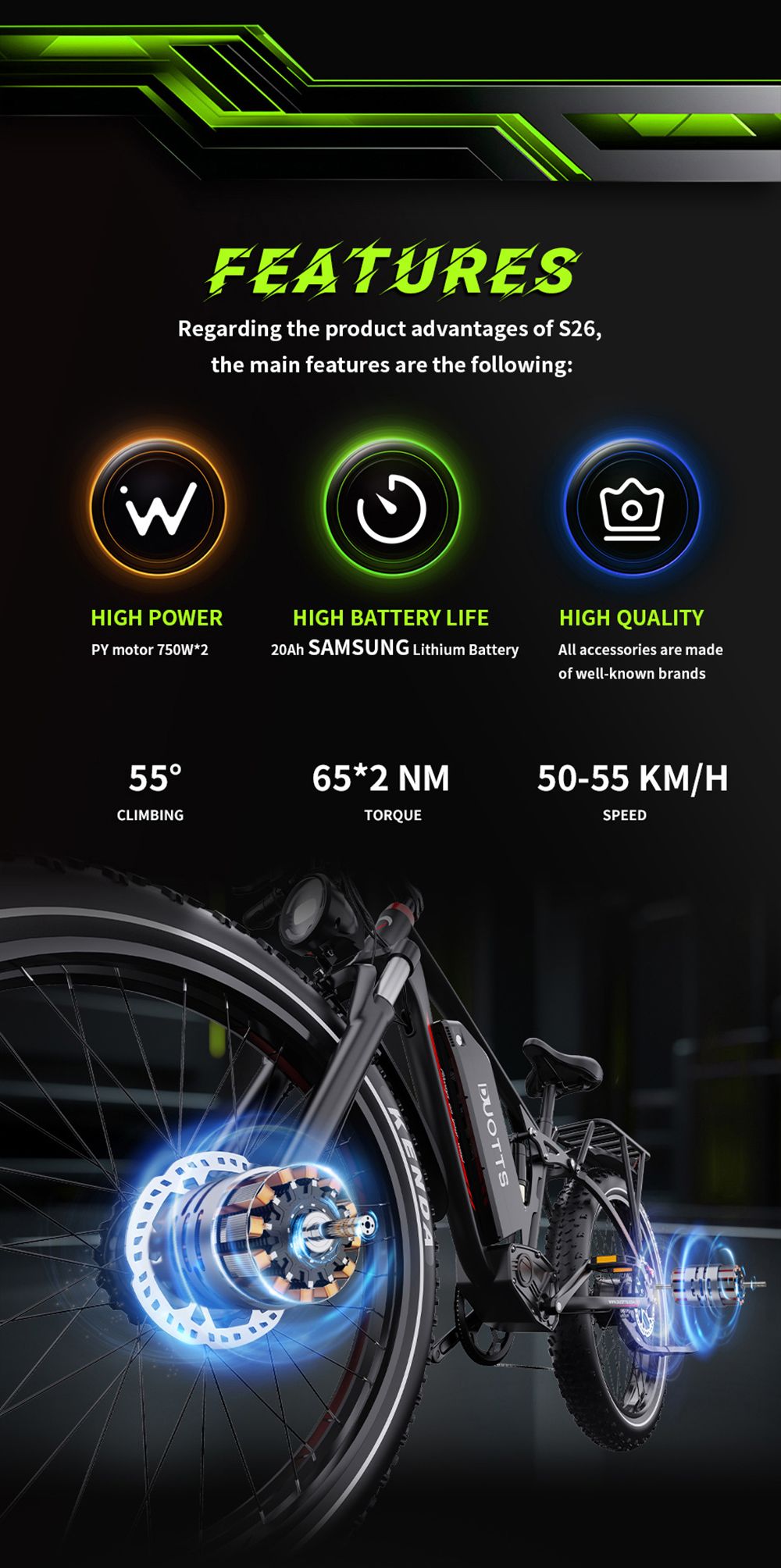 DUOTTS S26 Elektrofahrrad, 750 W*2 Motor, 50 km/h Höchstgeschwindigkeit, 26*4,0 Zoll aufblasbare Reifen, 48 V 19,2 Ah LG Akku, 120 km Reichweite