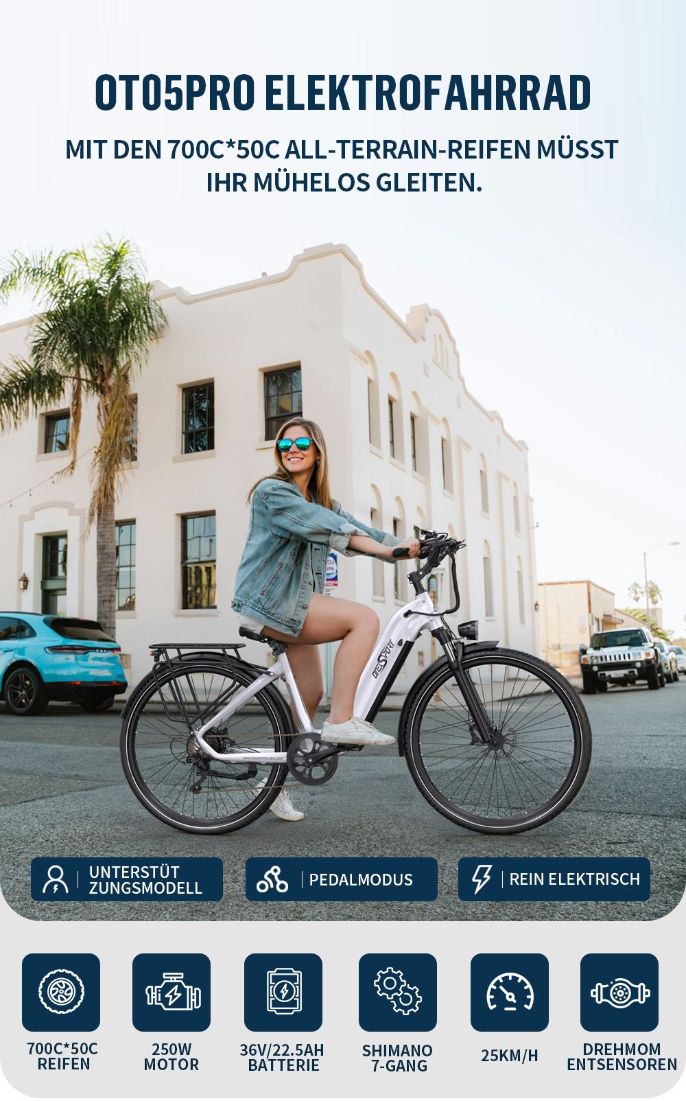 ONESPORT OT05 Pro Elektrofahrrad, 250-W-Motor, 36-V-22,5-Ah-Akku, 700 x 50C-Reifen, 25 km/h H&ouml;chstgeschwindigkeit, 140 km Reichweite, hydraulische Scheibenbremsen, Vorderradgabel mit Federung, Shimano 7-Gang-Schaltung &ndash; Wei&szlig;