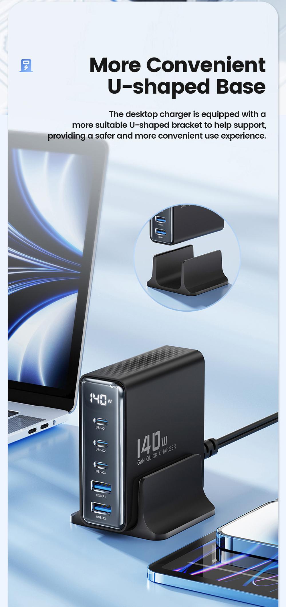 Toocki 140W GaN USB Charger, 5-in-1 Fast Charge, LED Display, for iPhone, Xiaomi Smartphone, Laptop, Black