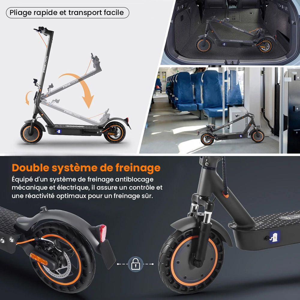 Trottinette &eacute;lectrique HONEY WHALE E9 MAX, moteur 500 W, batterie 36 V 10 Ah, pneu 10 pouces, vitesse maximale 20 km/h, autonomie 35-40 km, frein m&eacute;canique et frein &eacute;lectronique, certification ABE