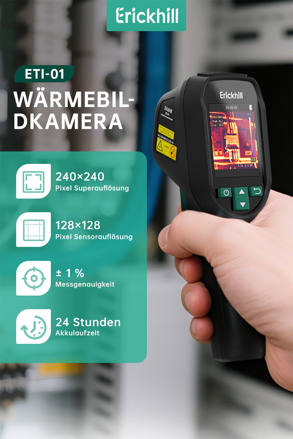 ERICKHILL ETI-01 Wärmebildkamera, 240×240 IR, 20Hz, -20°C bis 550°C Bereich, HVAC/Lecksucher, Laserpointer