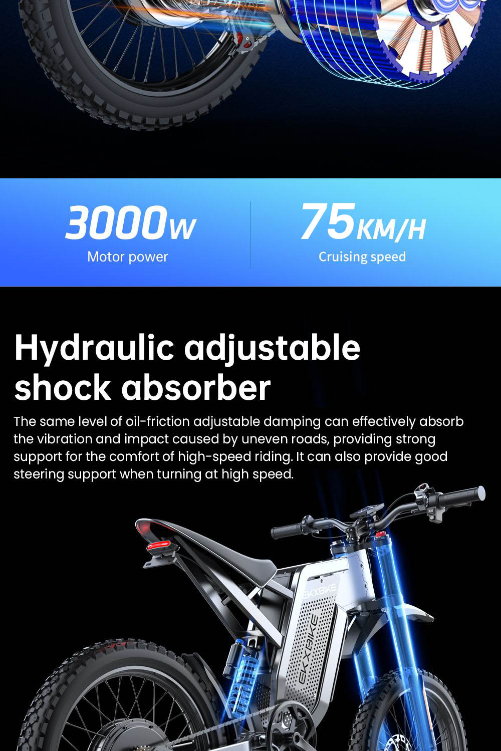 EKXBIKE X21 Max Vélo électrique, moteur 3000 W, batterie 60 V 30 Ah, pneu VTT 19 x 2 pouces, vitesse maximale 75 km/h, autonomie 90 km, freins hydrauliques, amortisseur hydraulique, Shimano 7 vitesses, écran LCD