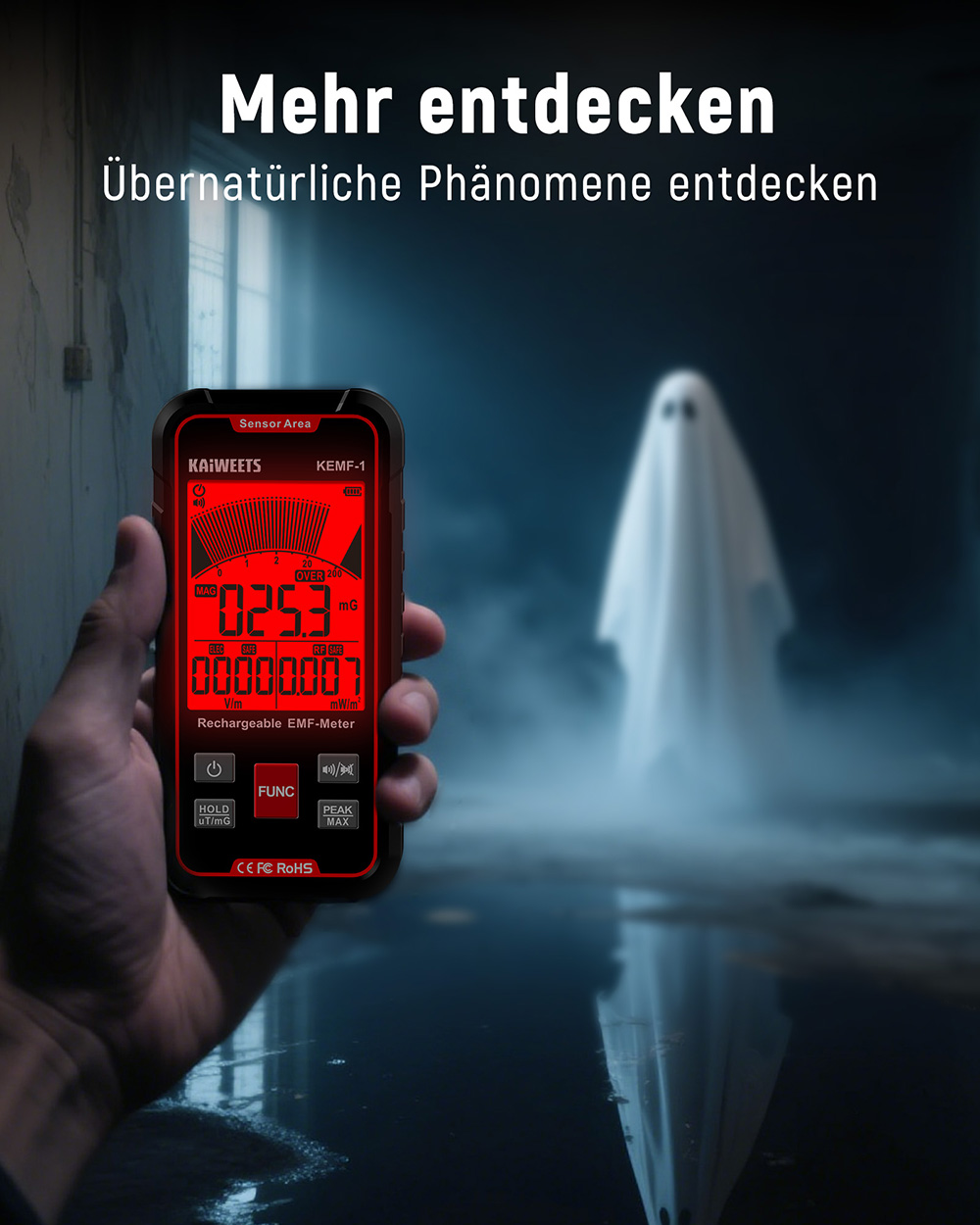 KAIWEETS KEMF-1 EMF-Strahlungsdetektor, EF/MF/RF-Daten, LED-Anzeige, Typ-C-Ladeanschluss