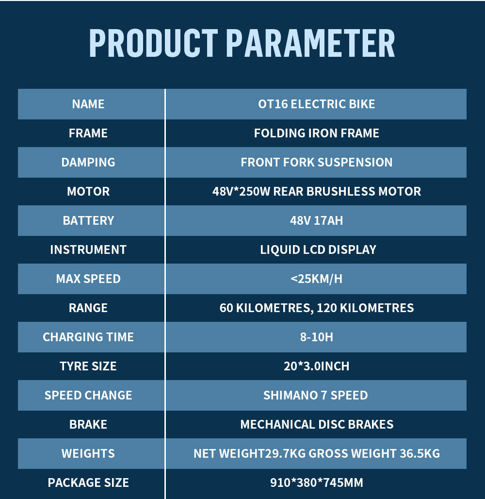 ONESPORT OT16 Electric Bike 20*3.0 inch Tires, 48V 17Ah Battery 25km/h Max Speed 3 Riding Modes 7-Speeds Disc Brakes - Black&Brown