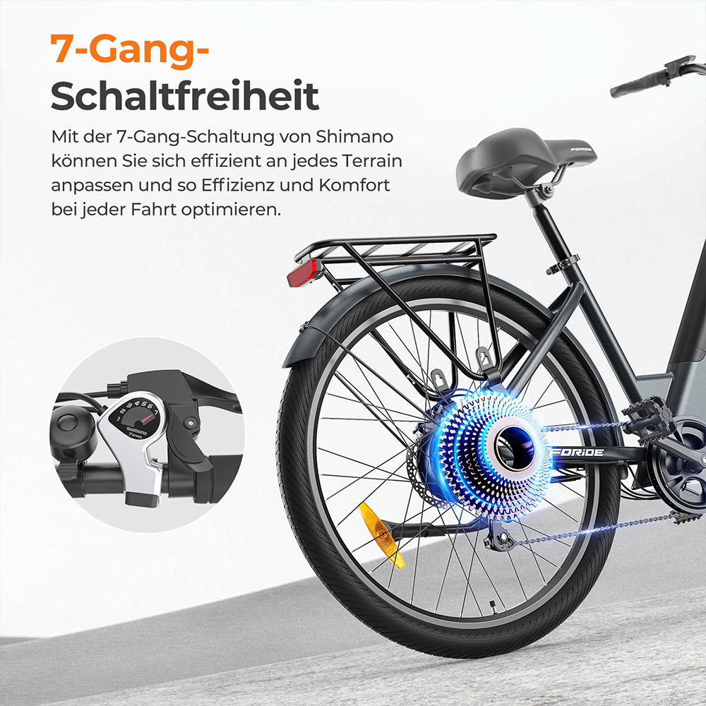 Foride Roamer 1 Step-Thru-Elektrofahrrad, 250-W-Motor, 36-V-13-Ah-Akku, 27,5-Zoll-Reifen, 25 km/h H&ouml;chstgeschwindigkeit, 100 km maximale Reichweite, Scheibenbremse, Federung mit Sperre, Shimano 7-Gang-Schaltung &ndash; Gr&uuml;n