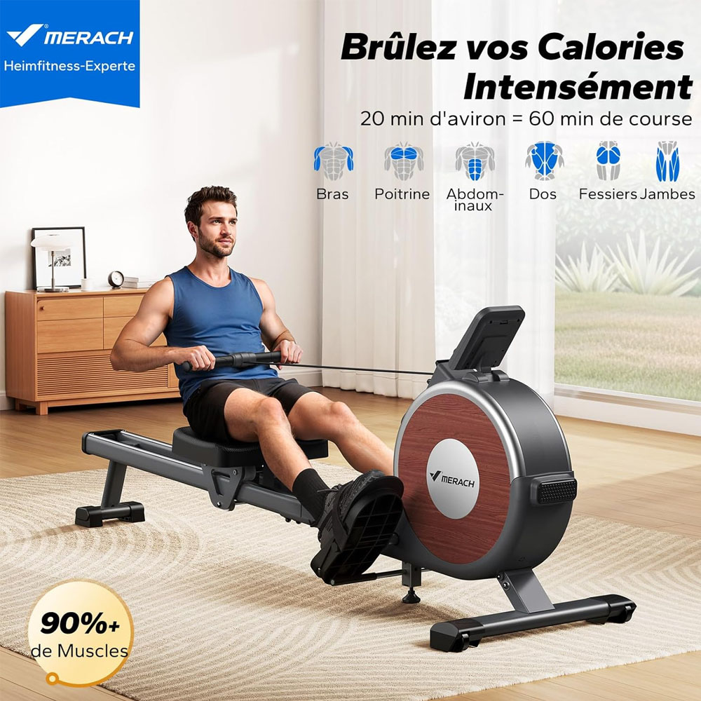 MERACH Q1S Rameur Magn&eacute;tique, 16 Niveaux R&eacute;sistance, 160kg Capacit&eacute;, Double Rail, LCD, Compatible App, R&eacute;glage Manuel, Noir