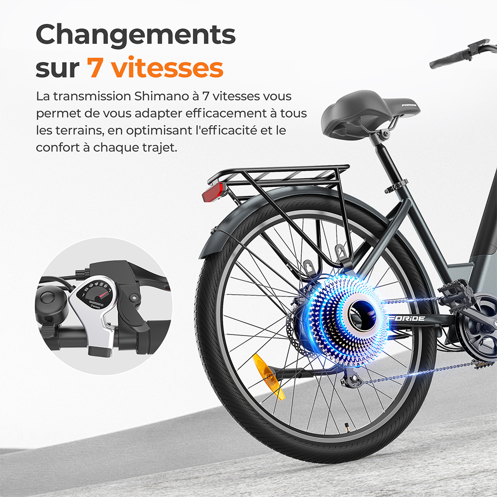 Foride Roamer 1 V&eacute;lo &eacute;lectrique, moteur 250 W, batterie 36 V 13 Ah, pneus 27,5 pouces, vitesse maximale 25 km/h, autonomie maximale 100 km, freins &agrave; disque, suspension avec blocage, Shimano 7 vitesses - Gris
