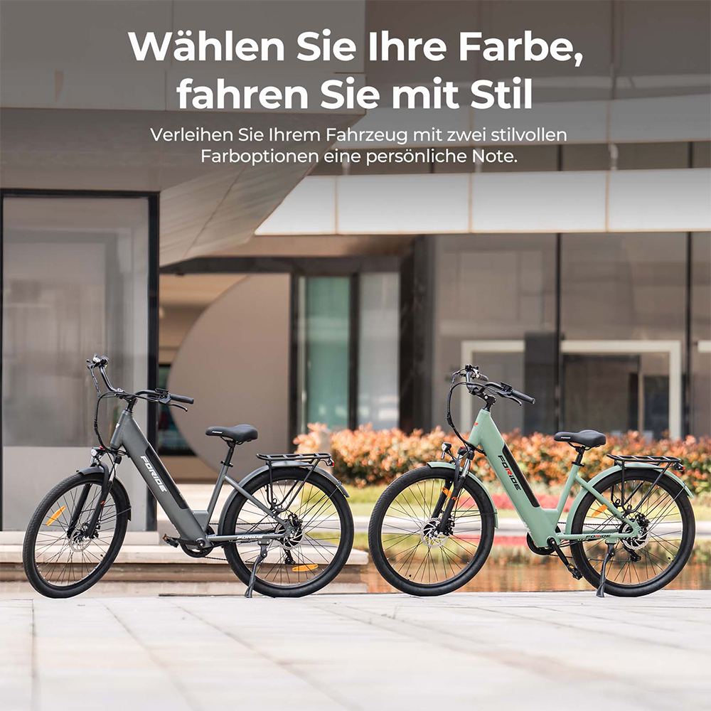 Foride Roamer 1 Step-Thru-Elektrofahrrad, 250-W-Motor, 36-V-13-Ah-Akku, 27,5-Zoll-Reifen, 25 km/h H&ouml;chstgeschwindigkeit, 100 km maximale Reichweite, Scheibenbremse, Federung mit Sperre, Shimano 7-Gang-Schaltung &ndash; Gr&uuml;n