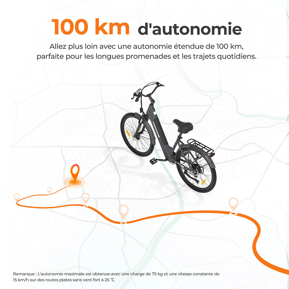 Foride Roamer 1 V&eacute;lo &eacute;lectrique, moteur 250 W, batterie 36 V 13 Ah, pneus 27,5 pouces, vitesse maximale 25 km/h, autonomie maximale 100 km, freins &agrave; disque, suspension avec blocage, Shimano 7 vitesses - Gris