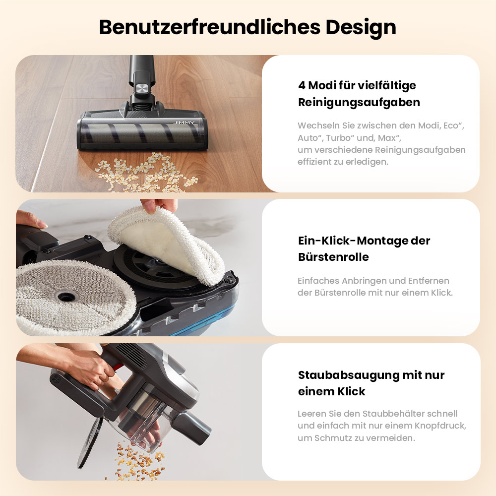 JIMMY JV9 Pro Aqua Staubsauger, kabellos, 160AW starke Saugleistung, 45min Laufzeit, HEPA-Filter, 0,6L Staubbeh&auml;lter, 500ml Wassertank, LED-Display, grau