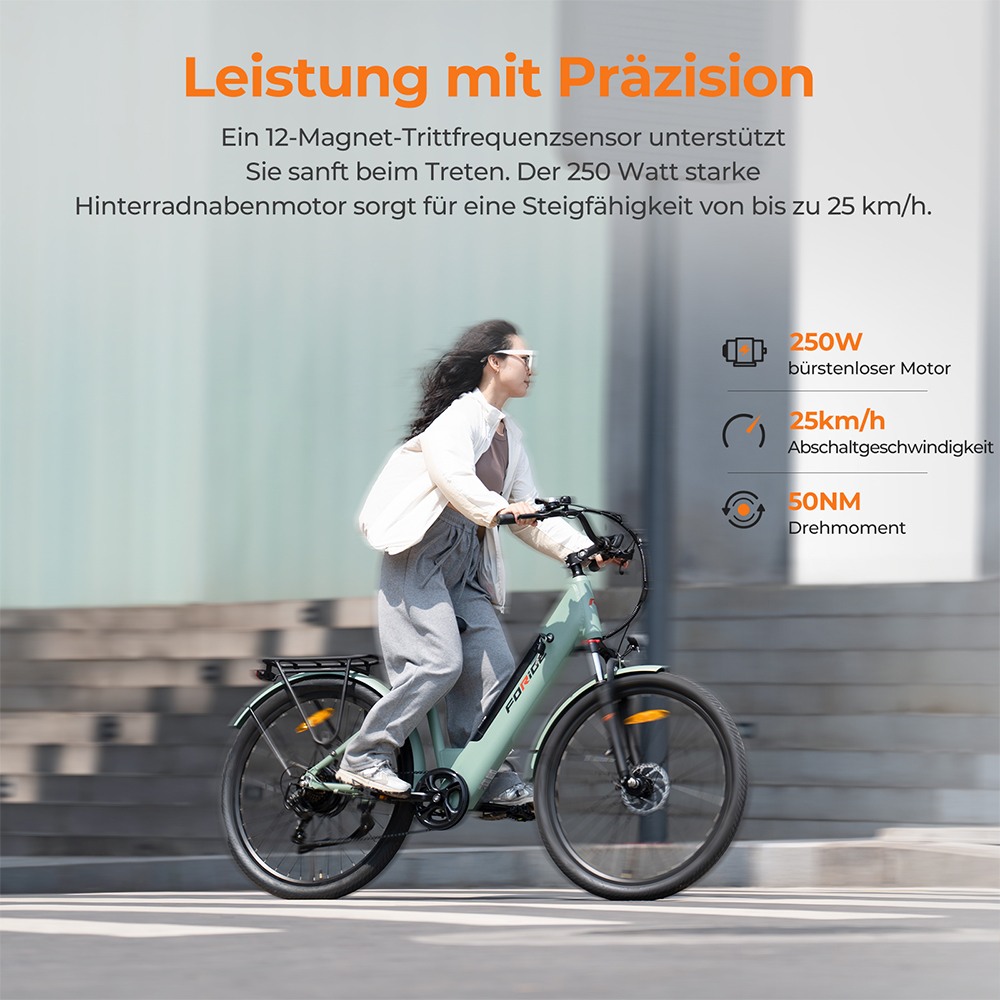Foride Roamer 1 Step-Thru-Elektrofahrrad, 250-W-Motor, 36-V-13-Ah-Akku, 27,5-Zoll-Reifen, 25 km/h H&ouml;chstgeschwindigkeit, 100 km maximale Reichweite, Scheibenbremse, Federung mit Sperre, Shimano 7-Gang-Schaltung &ndash; Gr&uuml;n