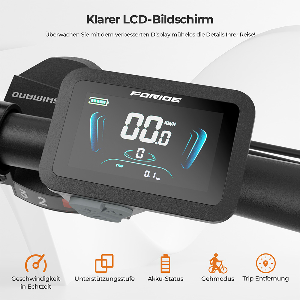 Foride Xtremer 1 V&eacute;lo &eacute;lectrique, moteur 250 W, batterie 36 V 13 Ah, pneus 27,5 pouces, vitesse maximale 25 km/h, autonomie maximale 100 km, freins &agrave; disque et freins &agrave; main, suspension avec blocage, transmission Shimano 21 vitesses