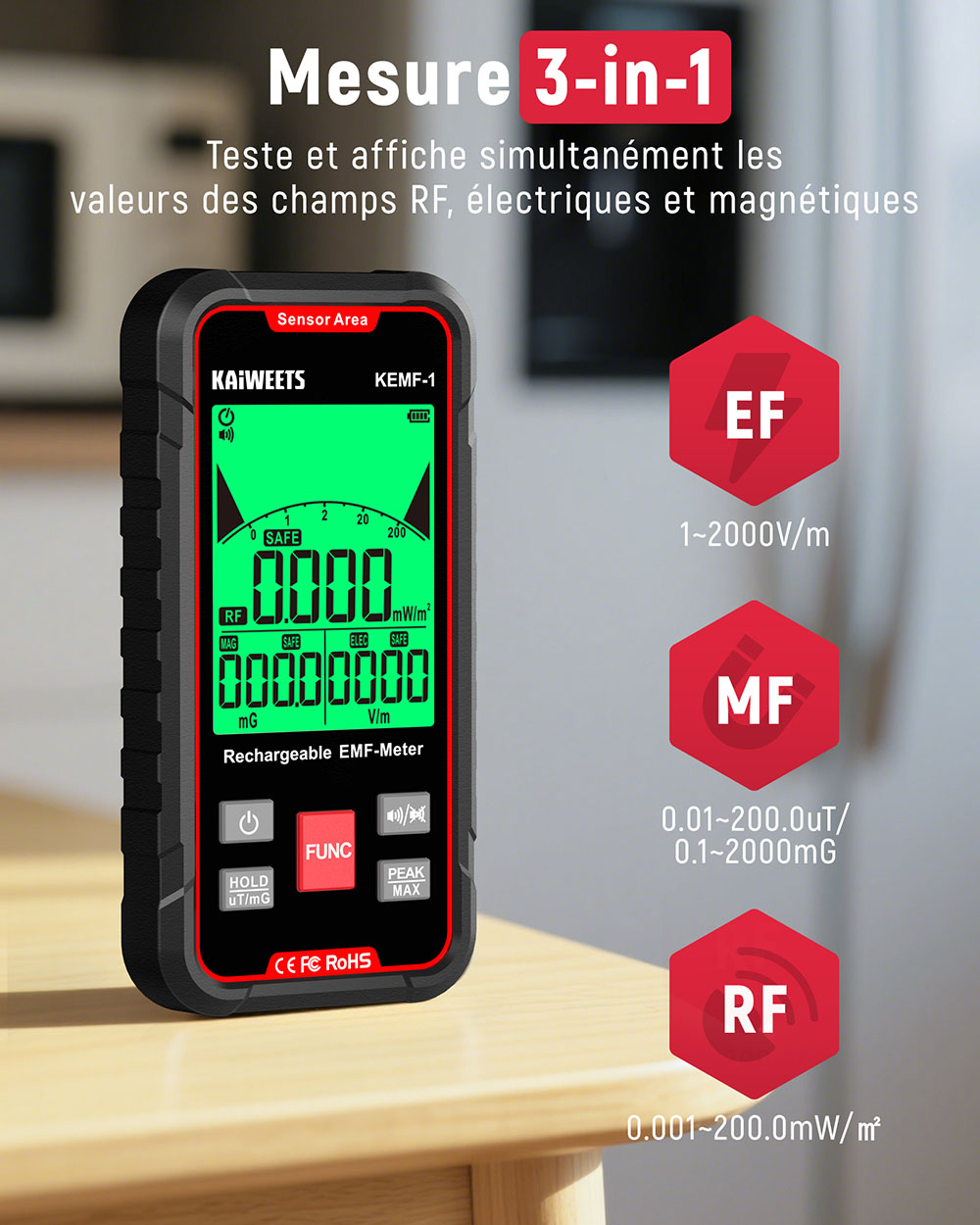 D&eacute;tecteur de rayonnement &eacute;lectromagn&eacute;tique KAIWEETS KEMF-1, donn&eacute;es EF/MF/RF, affichage LED, port de charge Type-C