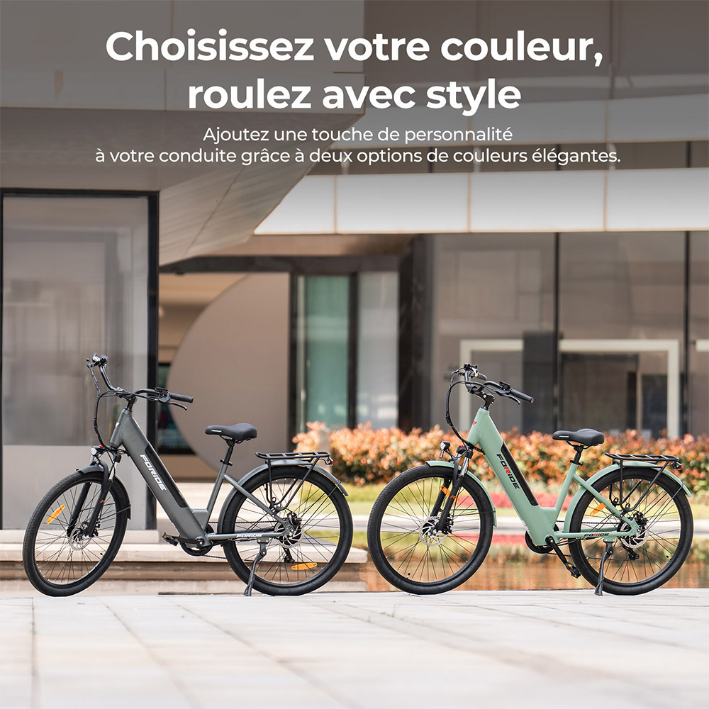 Foride Roamer 1 V&eacute;lo &eacute;lectrique, moteur 250 W, batterie 36 V 13 Ah, pneus 27,5 pouces, vitesse maximale 25 km/h, autonomie maximale 100 km, frein &agrave; disque, suspension avec blocage, Shimano 7 vitesses - Vert
