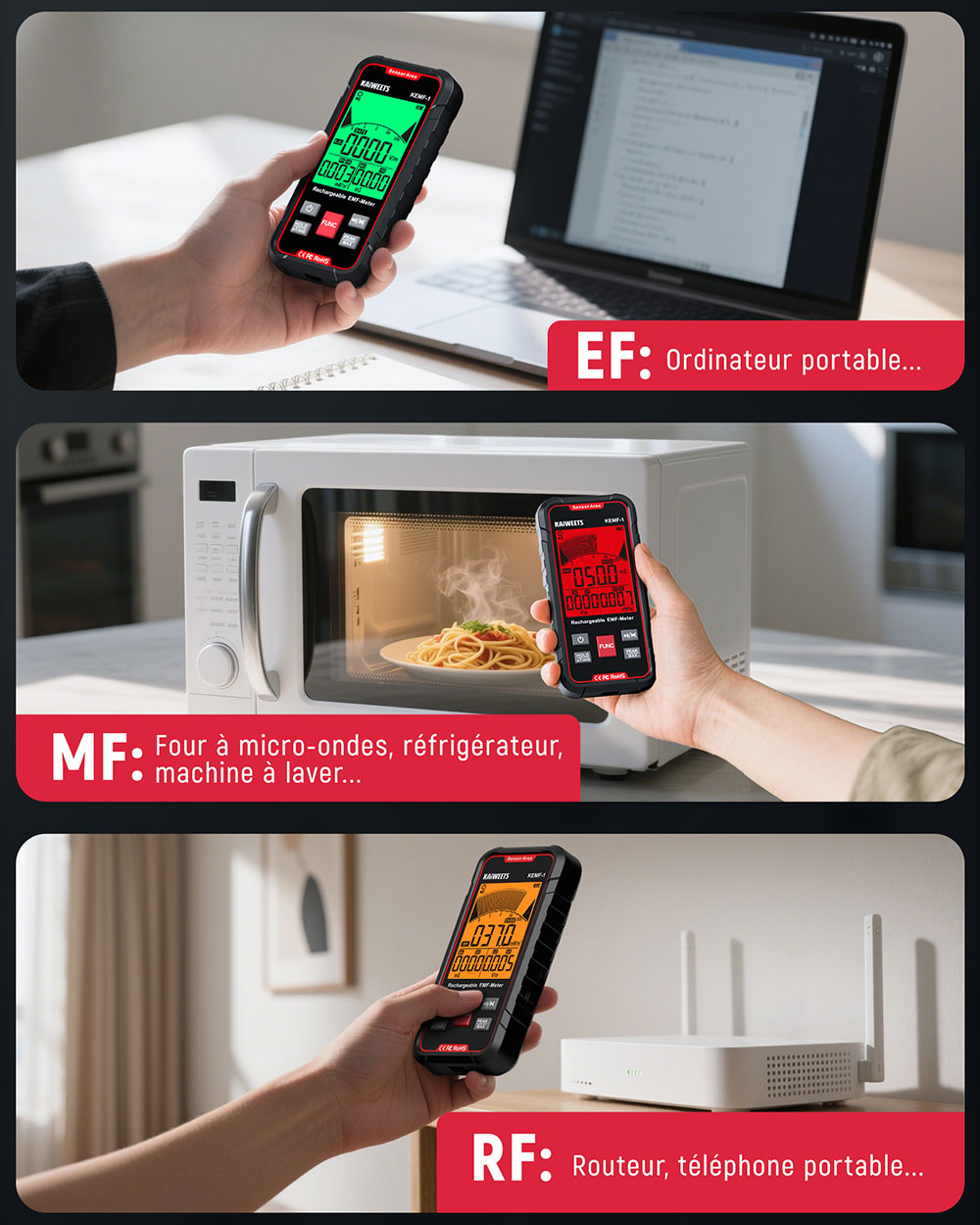 D&eacute;tecteur de rayonnement &eacute;lectromagn&eacute;tique KAIWEETS KEMF-1, donn&eacute;es EF/MF/RF, affichage LED, port de charge Type-C