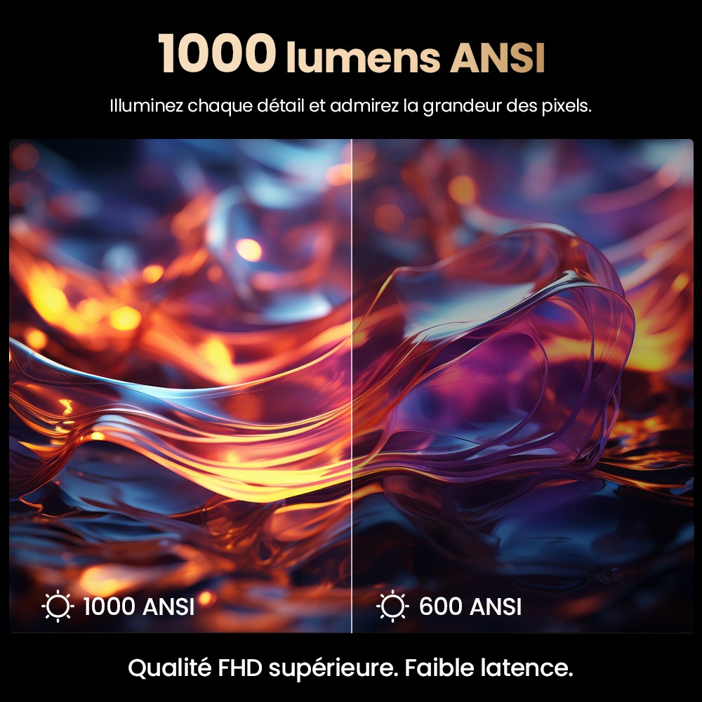 Projecteur Android Hunkstar P3 1000 ANSI, 1080P natif, d&eacute;codage 4K, HDR10, correction automatique du trap&egrave;ze et mise au point automatique, Android 9.0, Bluetooth 5.0, WiFi 6, 2 haut-parleurs 5 W