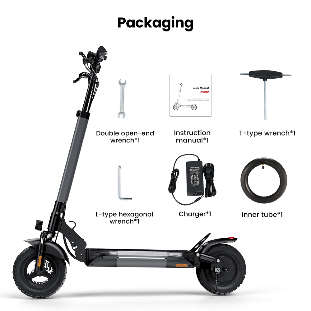 iScooter W9 Electric Scooter, 1000W Motor, 48V 13Ah Battery, 10 inch Tires, 45km/h Max Speed, 45km Range, Front & Rear Disc Brake, Dual Shock Absorption, LCD Display