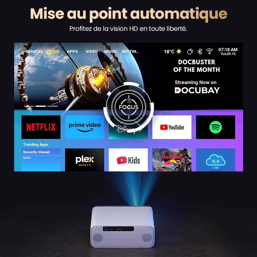Projecteur Android Hunkstar P3 1000 ANSI, 1080P natif, d&eacute;codage 4K, HDR10, correction automatique du trap&egrave;ze et mise au point automatique, Android 9.0, Bluetooth 5.0, WiFi 6, 2 haut-parleurs 5 W