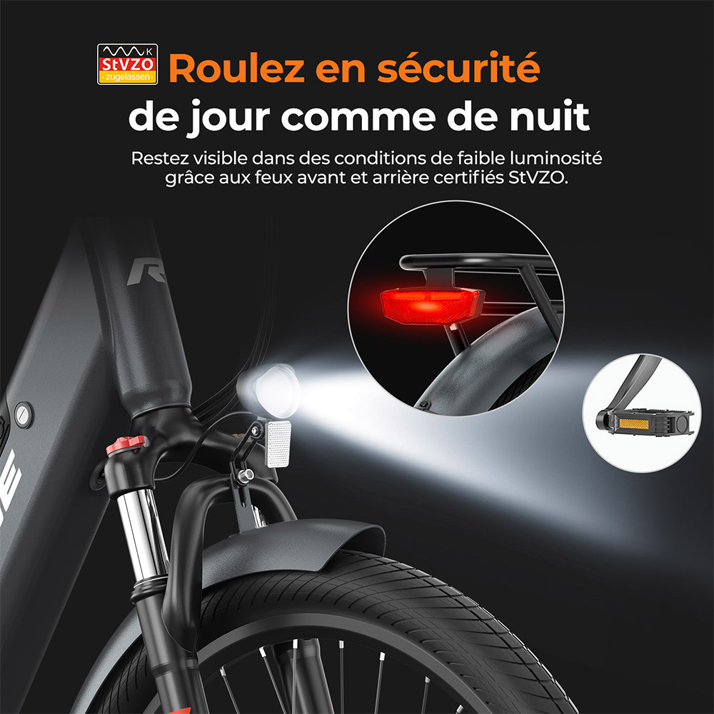 Foride Roamer 1 V&eacute;lo &eacute;lectrique, moteur 250 W, batterie 36 V 13 Ah, pneus 27,5 pouces, vitesse maximale 25 km/h, autonomie maximale 100 km, freins &agrave; disque, suspension avec blocage, Shimano 7 vitesses - Gris