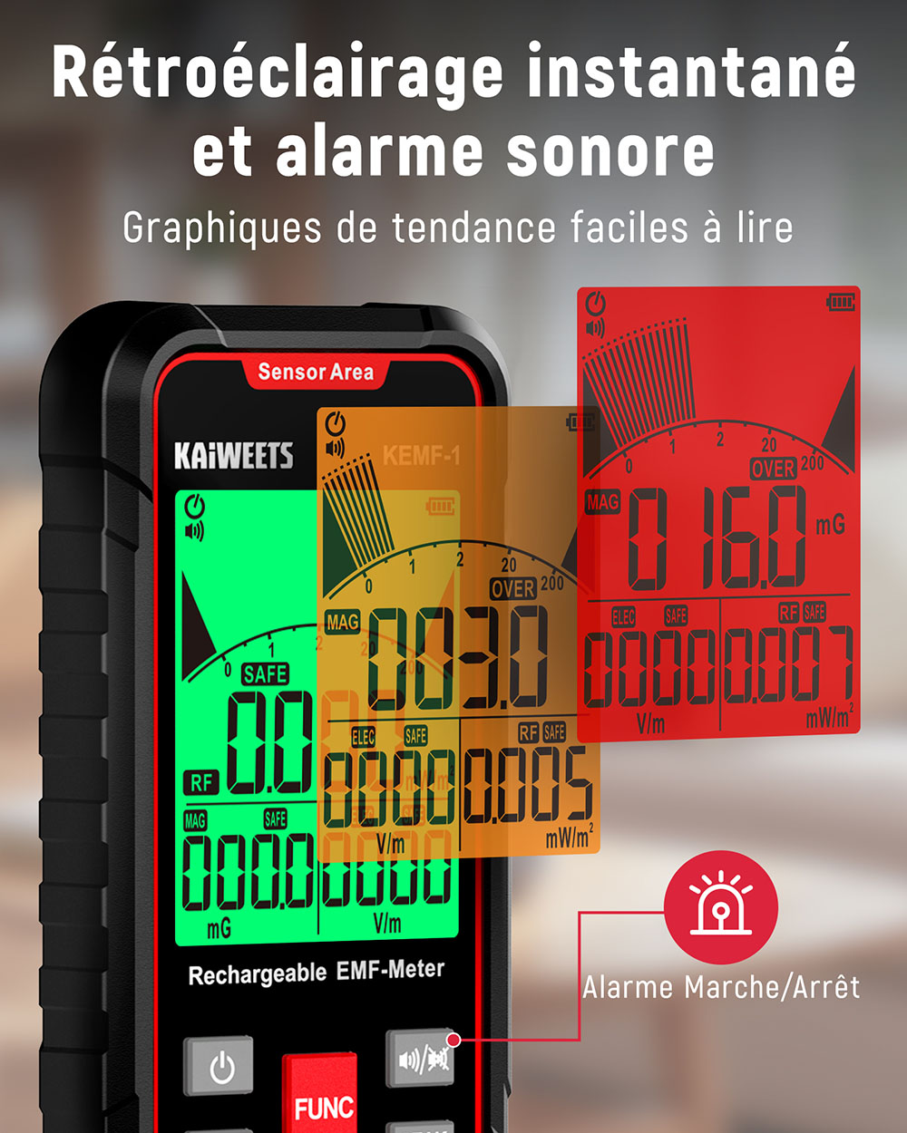 D&eacute;tecteur de rayonnement &eacute;lectromagn&eacute;tique KAIWEETS KEMF-1, donn&eacute;es EF/MF/RF, affichage LED, port de charge Type-C