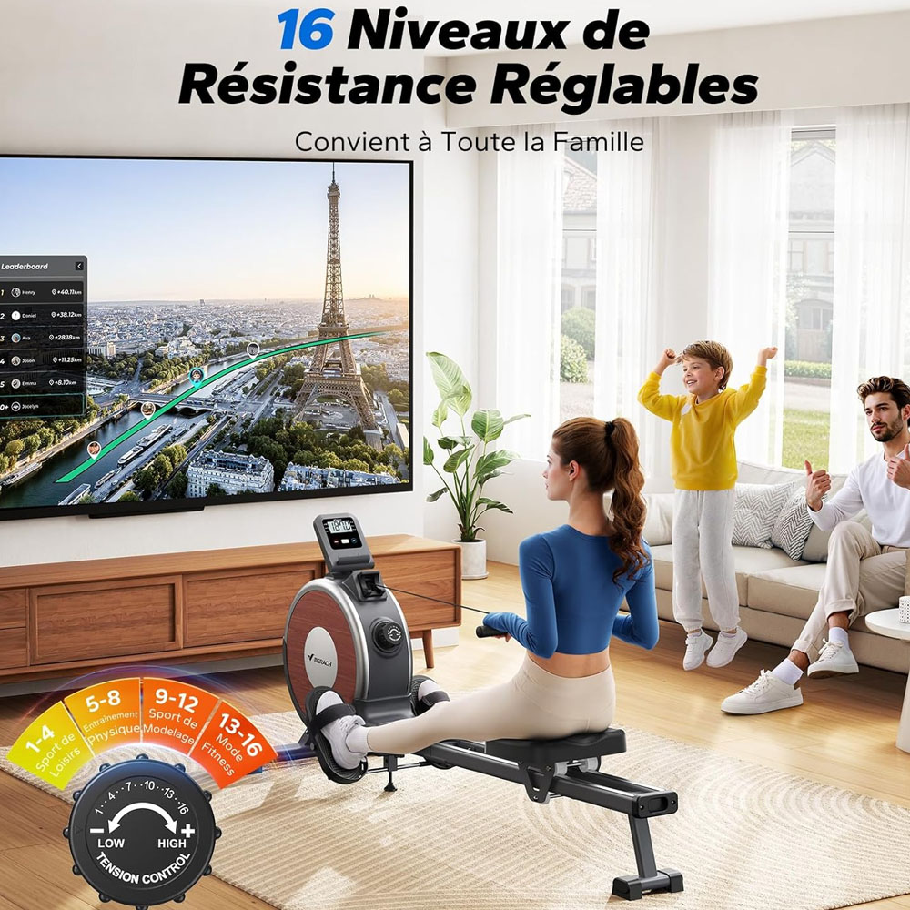 MERACH Q1S Rameur Magn&eacute;tique, 16 Niveaux R&eacute;sistance, 160kg Capacit&eacute;, Double Rail, LCD, Compatible App, R&eacute;glage Manuel, Noir