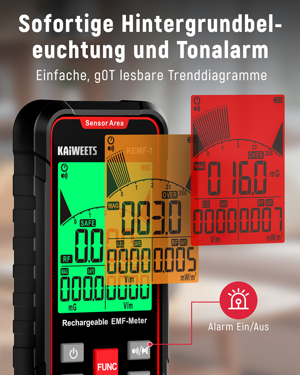KAIWEETS KEMF-1 EMF-Strahlungsdetektor, EF/MF/RF-Daten, LED-Anzeige, Typ-C-Ladeanschluss