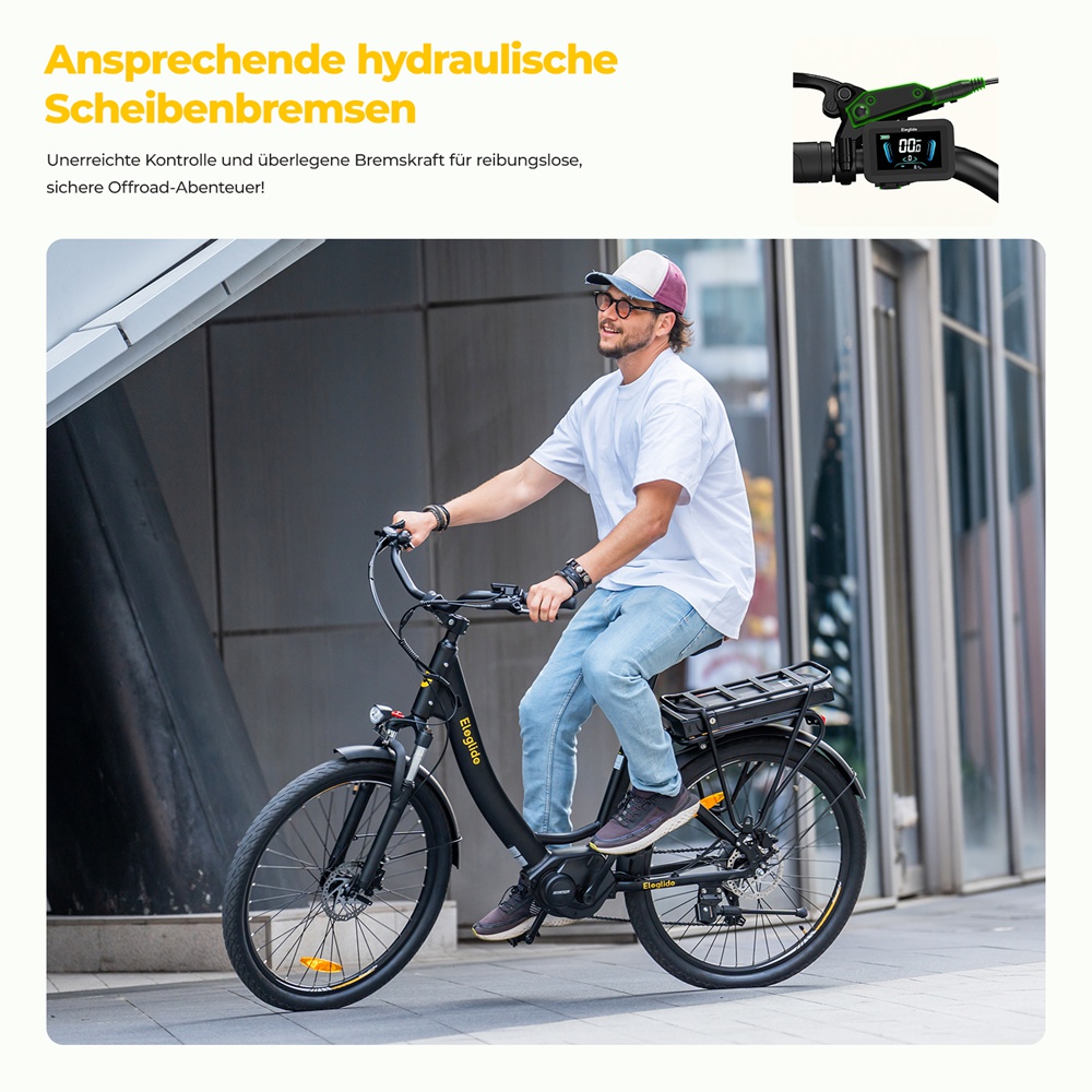 Eleglide C2 Elektrofahrrad, 250-W-Mittelmotor, 36-V-13-Ah-Akku, 26-Zoll-Reifen, 25 km/h H&ouml;chstgeschwindigkeit, 100 km Reichweite, hydraulische Scheibenbremse, Federung mit Sperre, Shimano 7-Gang