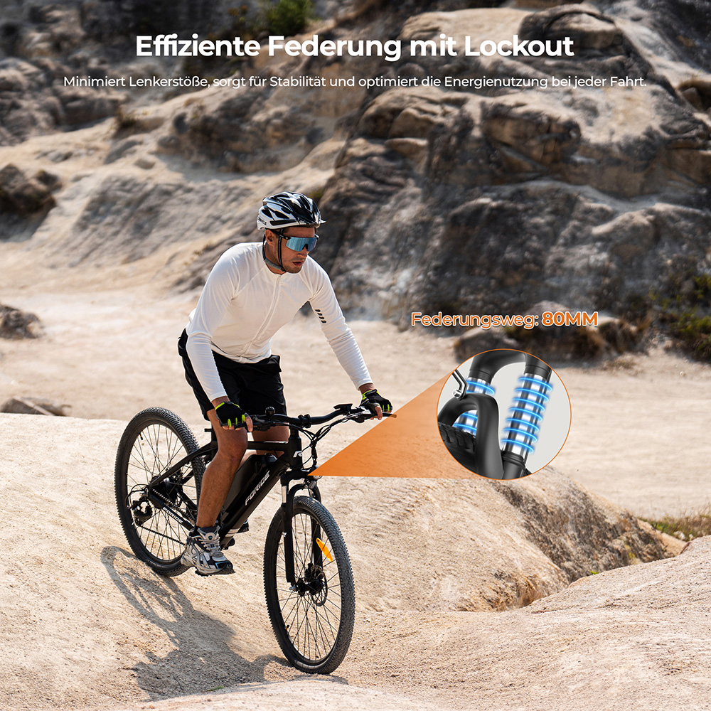 Foride Xtremer 1 V&eacute;lo &eacute;lectrique, moteur 250 W, batterie 36 V 13 Ah, pneus 27,5 pouces, vitesse maximale 25 km/h, autonomie maximale 100 km, freins &agrave; disque et freins &agrave; main, suspension avec blocage, transmission Shimano 21 vitesses