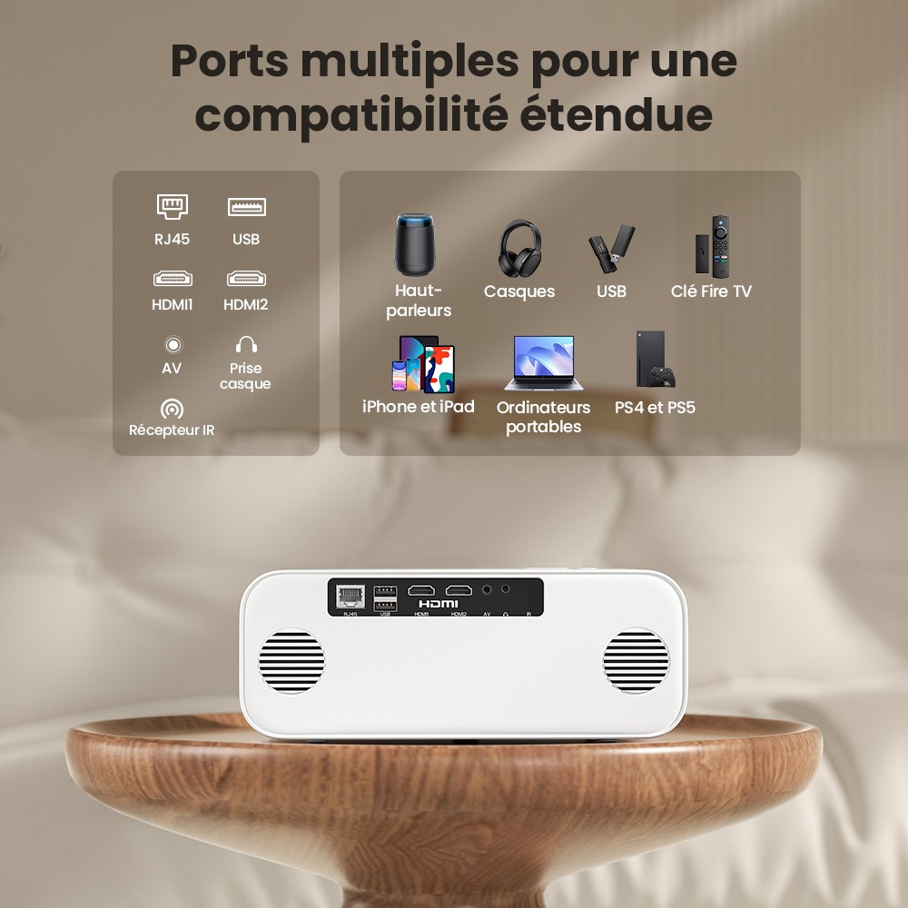 Projecteur Android Hunkstar P3 1000 ANSI, 1080P natif, d&eacute;codage 4K, HDR10, correction automatique du trap&egrave;ze et mise au point automatique, Android 9.0, Bluetooth 5.0, WiFi 6, 2 haut-parleurs 5 W