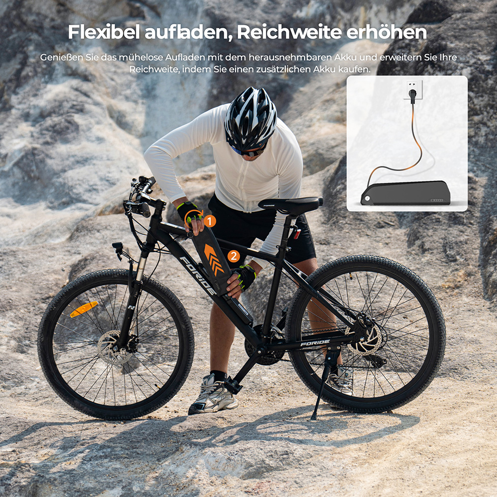 Foride Xtremer 1 V&eacute;lo &eacute;lectrique, moteur 250 W, batterie 36 V 13 Ah, pneus 27,5 pouces, vitesse maximale 25 km/h, autonomie maximale 100 km, freins &agrave; disque et freins &agrave; main, suspension avec blocage, transmission Shimano 21 vitesses