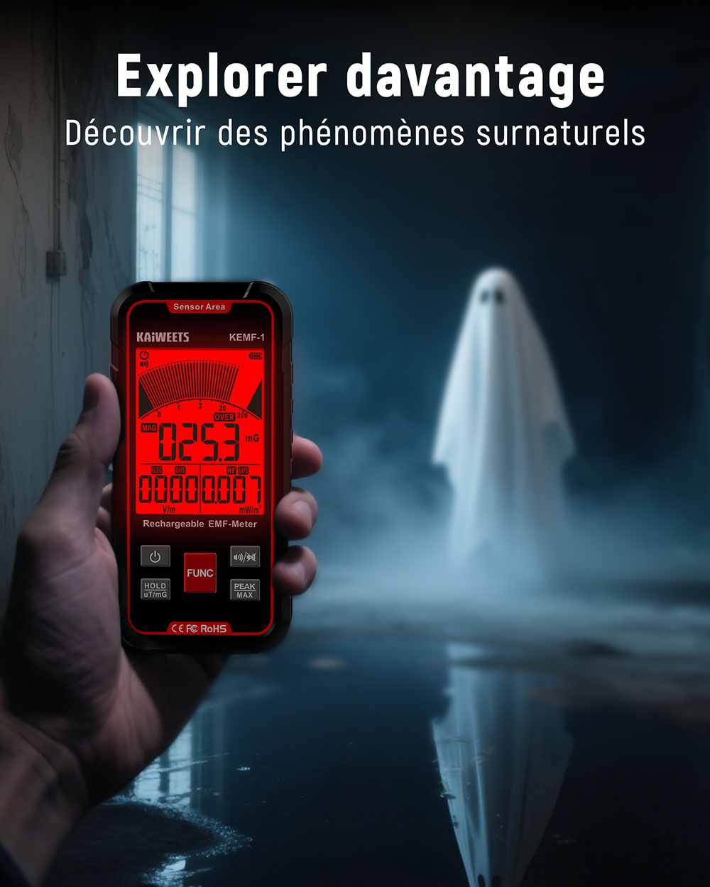 D&eacute;tecteur de rayonnement &eacute;lectromagn&eacute;tique KAIWEETS KEMF-1, donn&eacute;es EF/MF/RF, affichage LED, port de charge Type-C