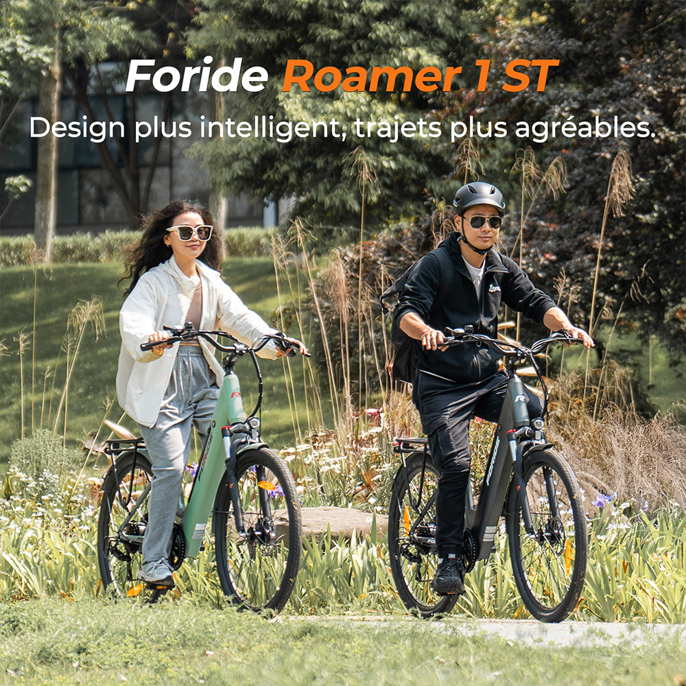 Foride Roamer 1 V&eacute;lo &eacute;lectrique, moteur 250 W, batterie 36 V 13 Ah, pneus 27,5 pouces, vitesse maximale 25 km/h, autonomie maximale 100 km, freins &agrave; disque, suspension avec blocage, Shimano 7 vitesses - Gris