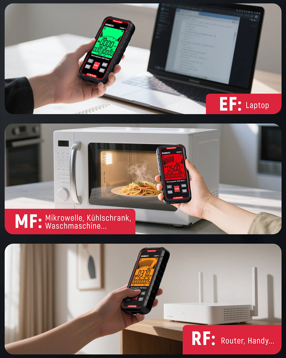 KAIWEETS KEMF-1 EMF-Strahlungsdetektor, EF/MF/RF-Daten, LED-Anzeige, Typ-C-Ladeanschluss