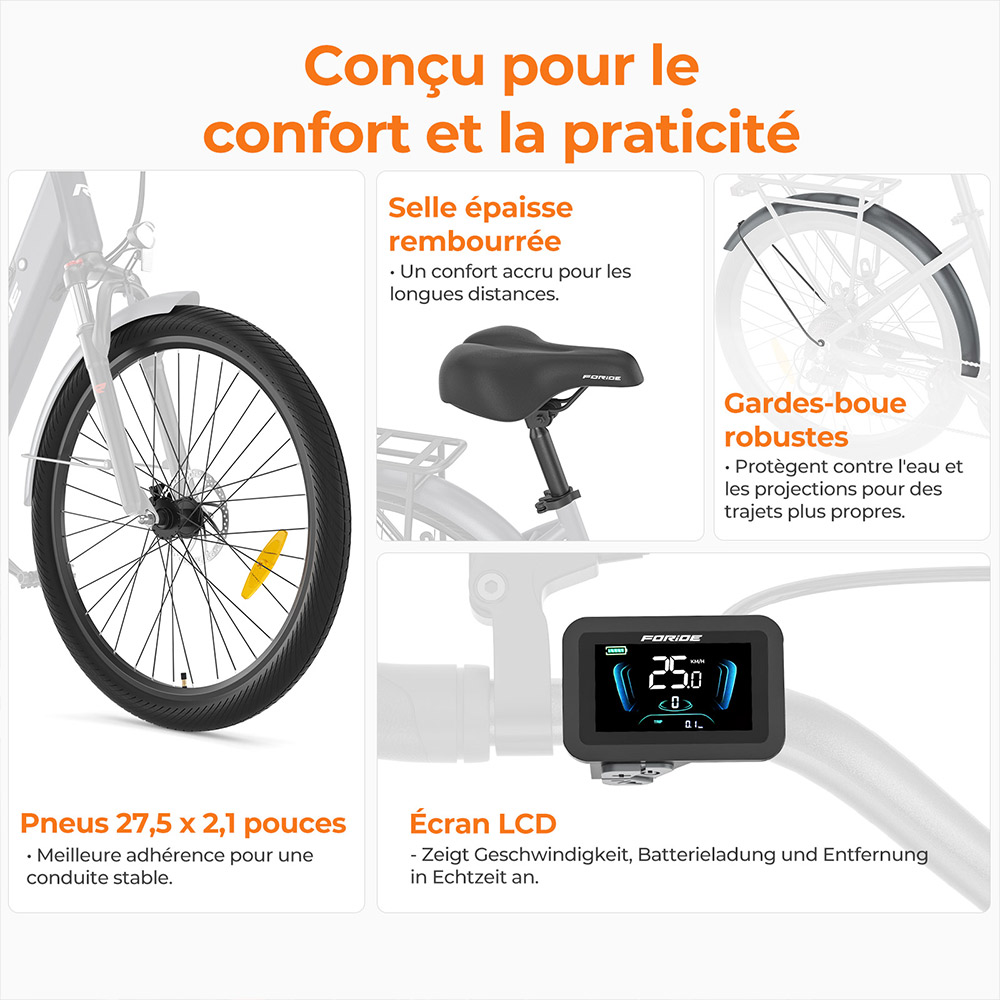Foride Roamer 1 V&eacute;lo &eacute;lectrique, moteur 250 W, batterie 36 V 13 Ah, pneus 27,5 pouces, vitesse maximale 25 km/h, autonomie maximale 100 km, freins &agrave; disque, suspension avec blocage, Shimano 7 vitesses - Gris