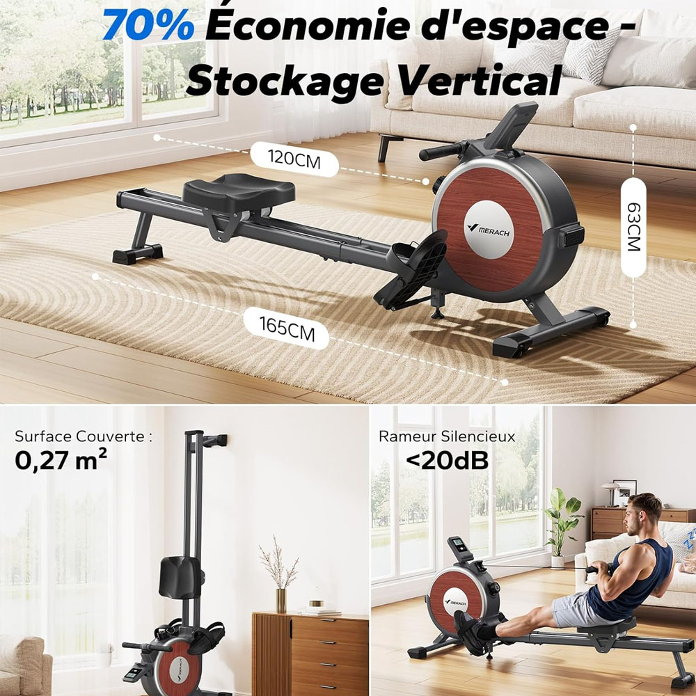 MERACH Q1S Rameur Magn&eacute;tique, 16 Niveaux R&eacute;sistance, 160kg Capacit&eacute;, Double Rail, LCD, Compatible App, R&eacute;glage Manuel, Noir