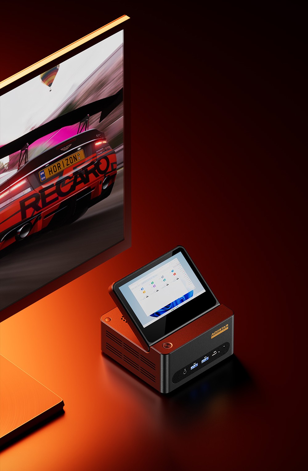 AOOSTAR G-FLIP Mini PC, 5 inch 1920*1080 60Hz Screen, AMD Ryzen Al 9 HX 370 12 Core Max 5.1GHz, 32GB DDR5 RAM 1TB SSD, 2*USB4+HDMI 4K 240Hz Triple Display, WiFi 7, 2*2.5G RJ45, 2*USB3.2, 2*USB2.0, 1*OCuLink, 1*Audio, Fingerprint Unlocking - EU Plug