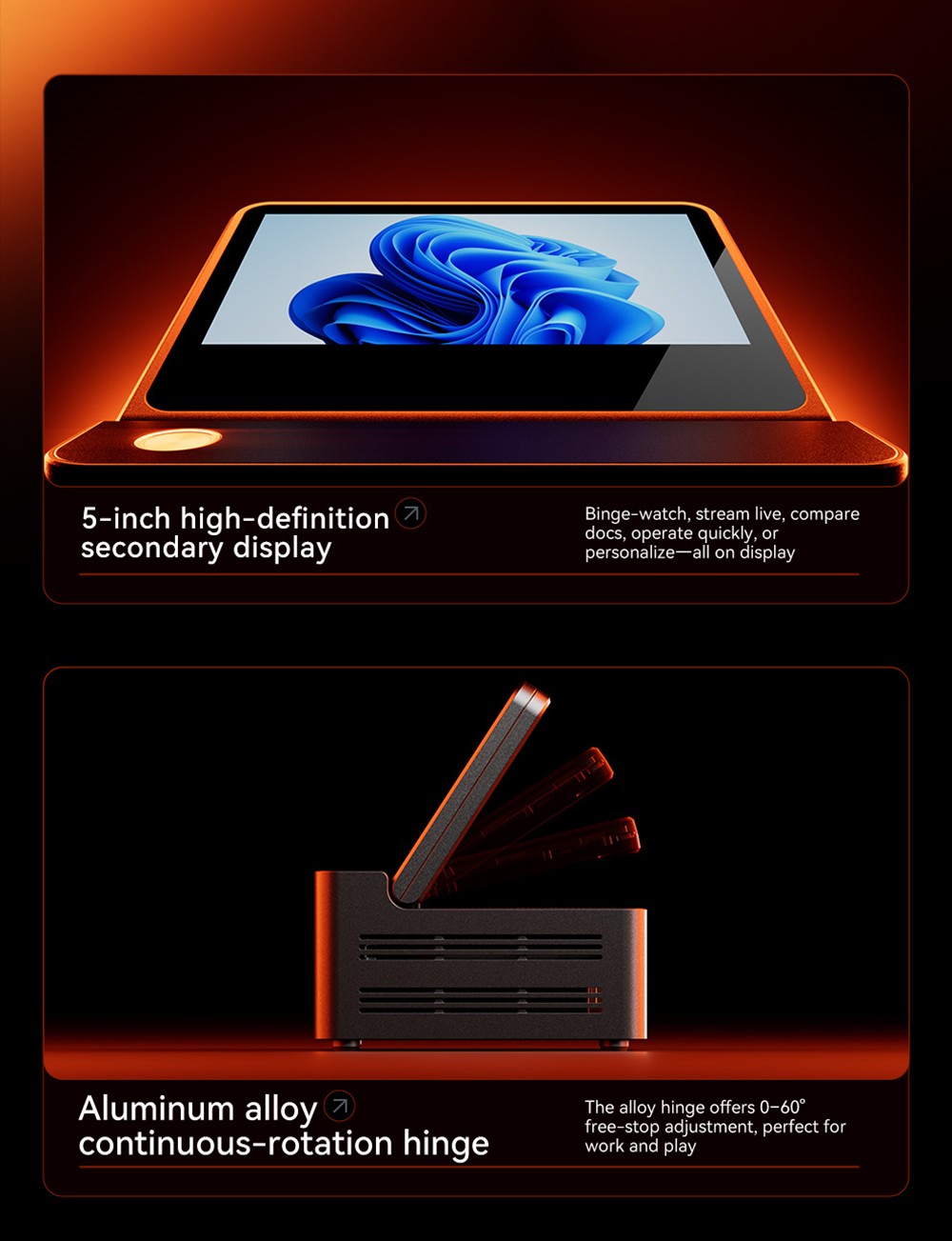 AOOSTAR G-FLIP Mini PC, 5 inch 1920*1080 60Hz Screen, AMD Ryzen Al 9 HX 370 12 Core Max 5.1GHz, 64GB DDR5 RAM 2TB SSD, 2*USB4+HDMI 4K 240Hz Triple Display, WiFi 7, 2*2.5G RJ45, 2*USB3.2, 2*USB2.0, 1*OCuLink, 1*Audio, Fingerprint Unlocking - EU Plug