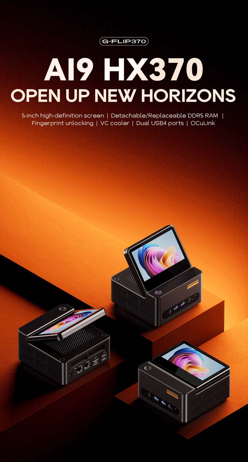 AOOSTAR G-FLIP Mini PC, 5 inch 1920*1080 60Hz Screen, AMD Ryzen Al 9 HX 370 12 Core Max 5.1GHz, 64GB DDR5 RAM 2TB SSD, 2*USB4+HDMI 4K 240Hz Triple Display, WiFi 7, 2*2.5G RJ45, 2*USB3.2, 2*USB2.0, 1*OCuLink, 1*Audio, Fingerprint Unlocking - UK Plug