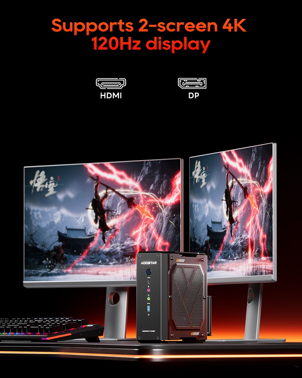 AOOSTAR GODZ Gaming Mini PC, AMD Ryzen 7 7435HS 8 Cores Max 4.5GHz, AMD Radeon RX 6600LE GPU, 64GB RAM 2TB SSD, HDMI+DP Dual Screen Display, WiFi 6E Bluetooth 5.3, Dual 2.5G LAN, 1*Type-C, 1*USB4, 5*USB3.2, 2*Audio & Microphone - UK Plug